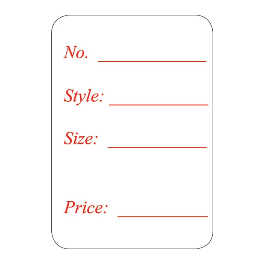 1 1/8" x 1 5/8"H Self Adhesive Pre-Printed "No. Style: Size: Price:" Labels (500 labels)