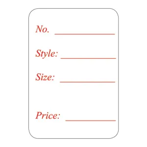 1 1/8" x 1 5/8"H Self Adhesive Pre-Printed "No. Style: Size: Price:" Labels (500 labels)