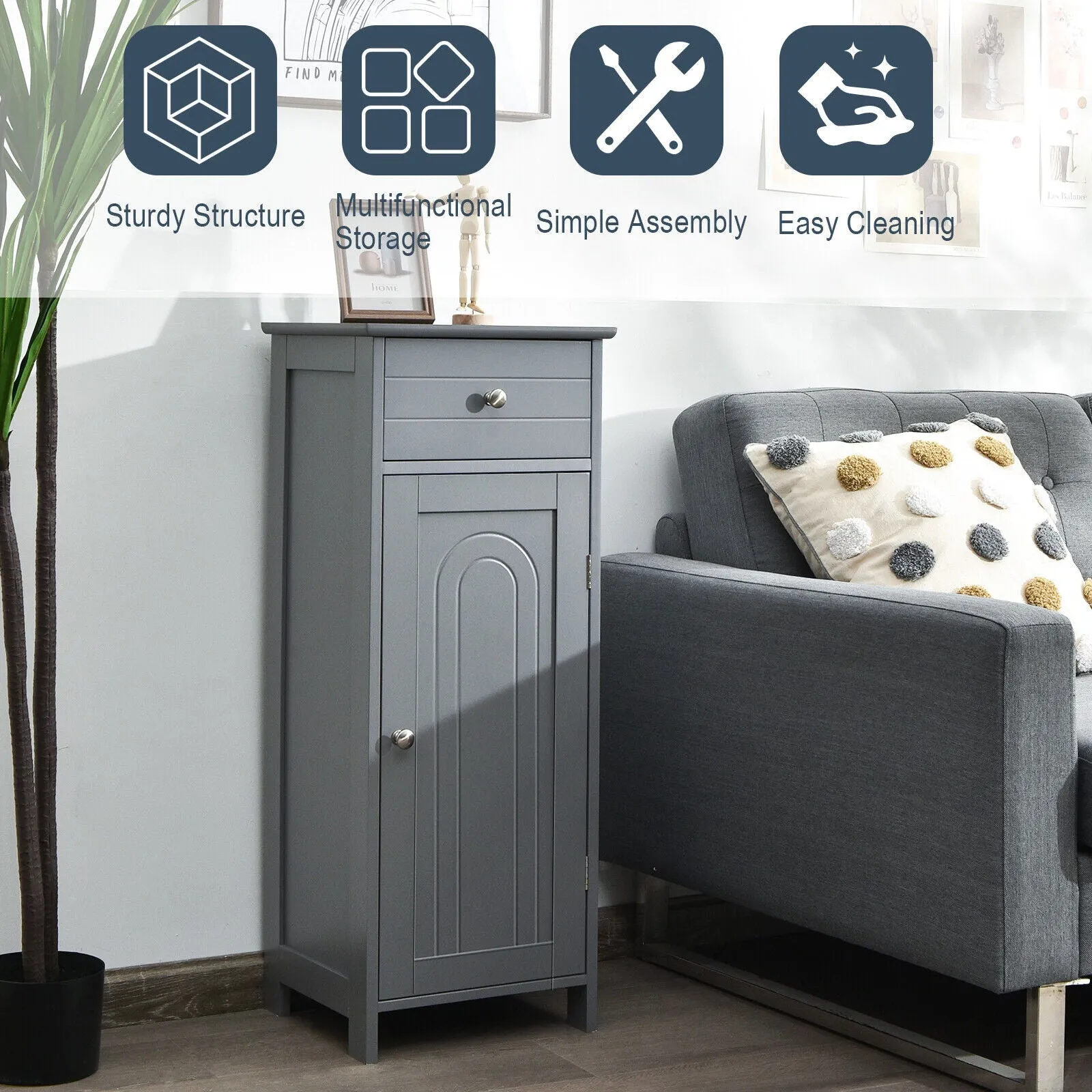 1-Door Freestanding Bathroom Storage Cabinet with Drawer and Adjustable Shelves-Grey