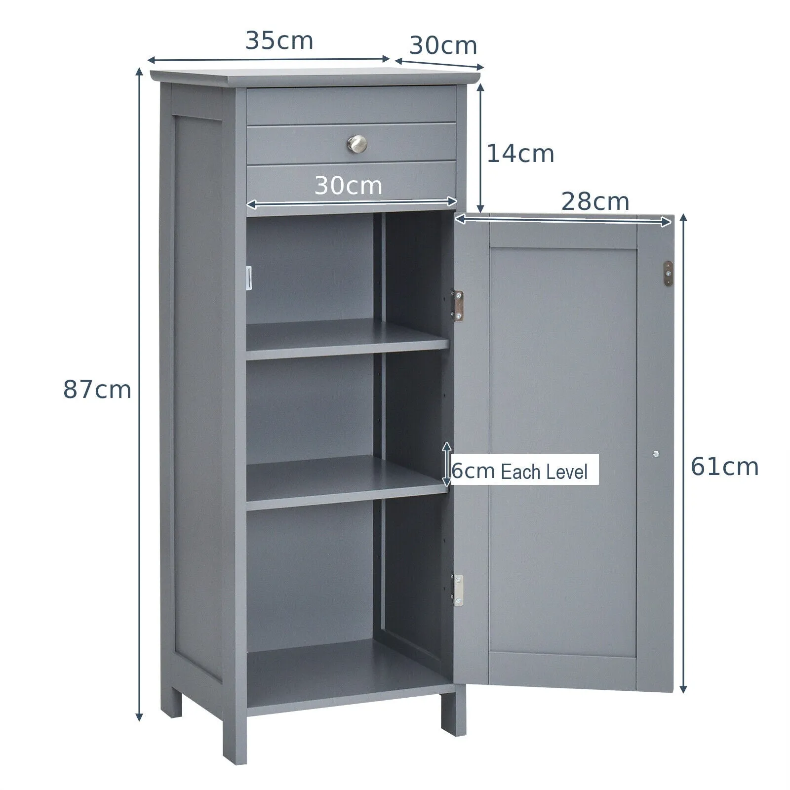 1-Door Freestanding Bathroom Storage Cabinet with Drawer and Adjustable Shelves-Grey