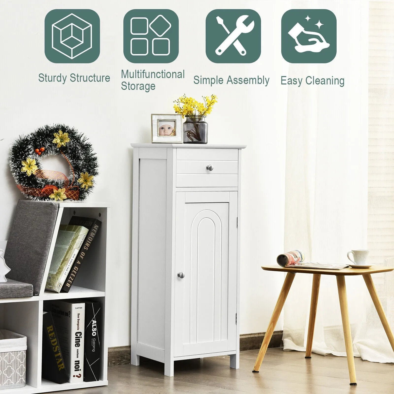 1-Door Freestanding Bathroom Storage Cabinet with Drawer and Adjustable Shelves-White