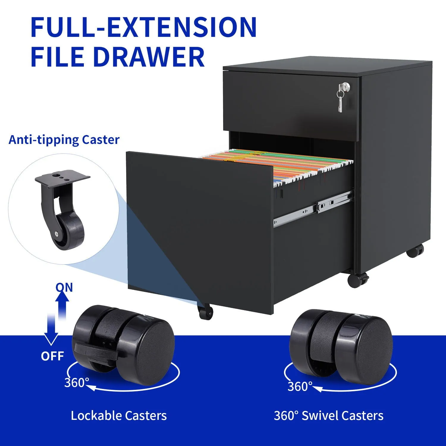 2 Drawer Mobile File Cabinet With Lock Steel File Cabinet For Legal / Letter / A4 / F4 Size / Home / Office Design