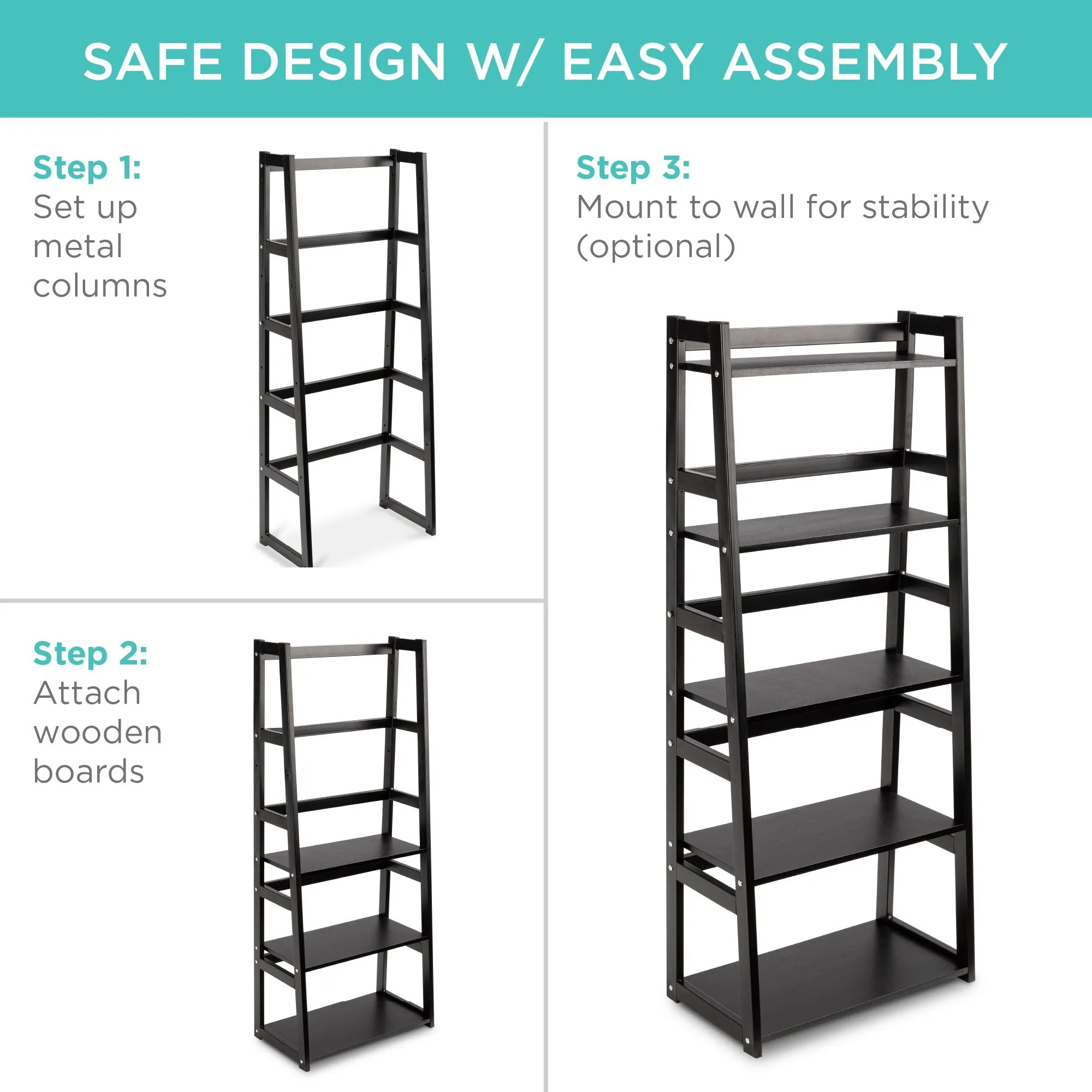5-Tier Multipurpose Modern Ladder Slant Bookcase Storage Shelf