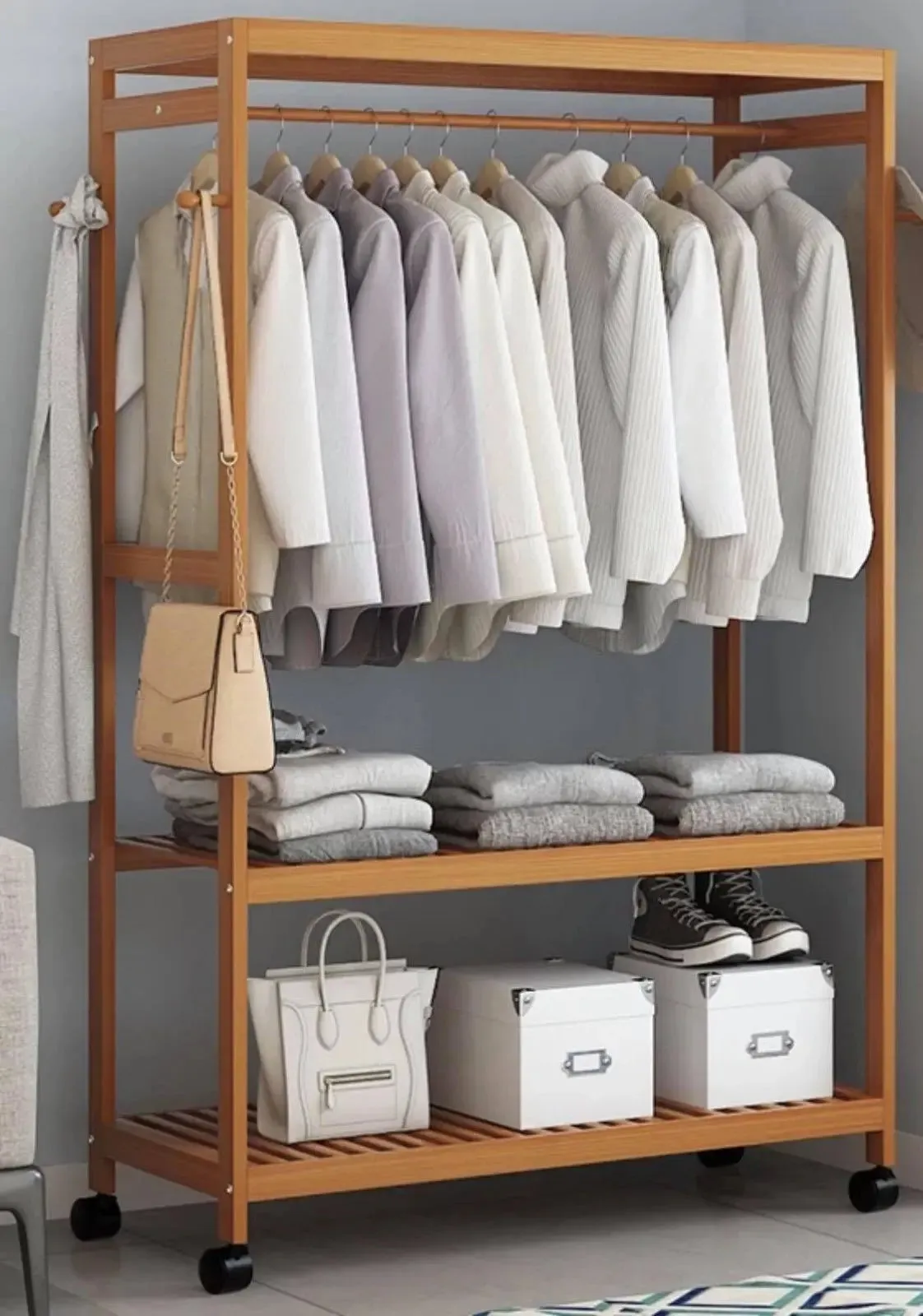 Bamboo Multi-Tier Racks Shelves panel storage Clothes Organiser With Wheels