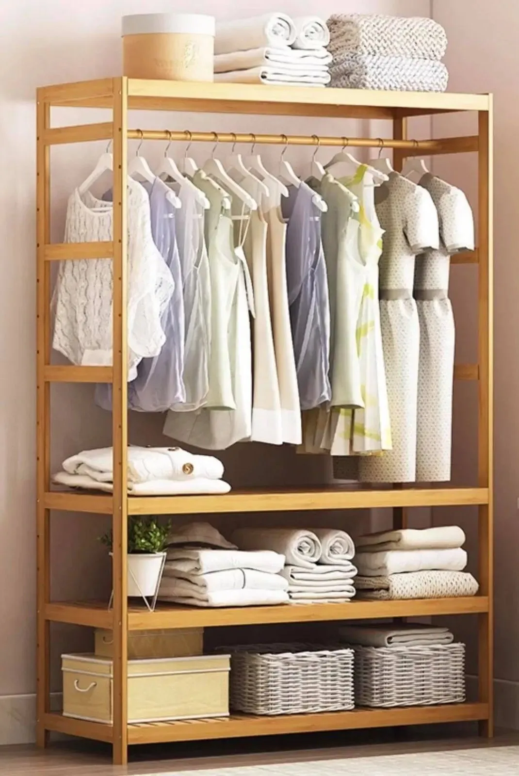 Bamboo Multi-Tier Racks Shelves panel storage Clothes Organiser With Wheels