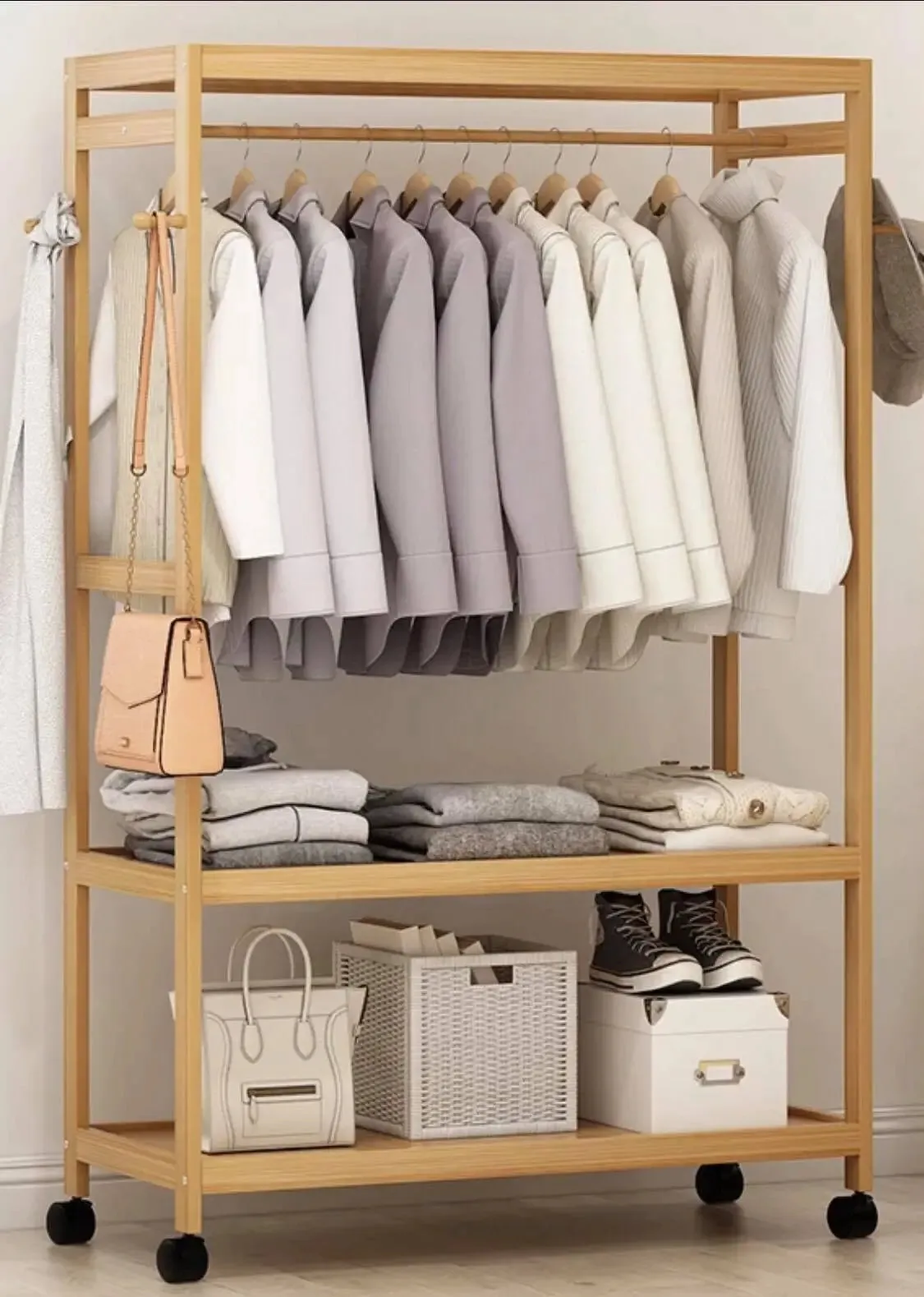 Bamboo Multi-Tier Racks Shelves panel storage Clothes Organiser With Wheels