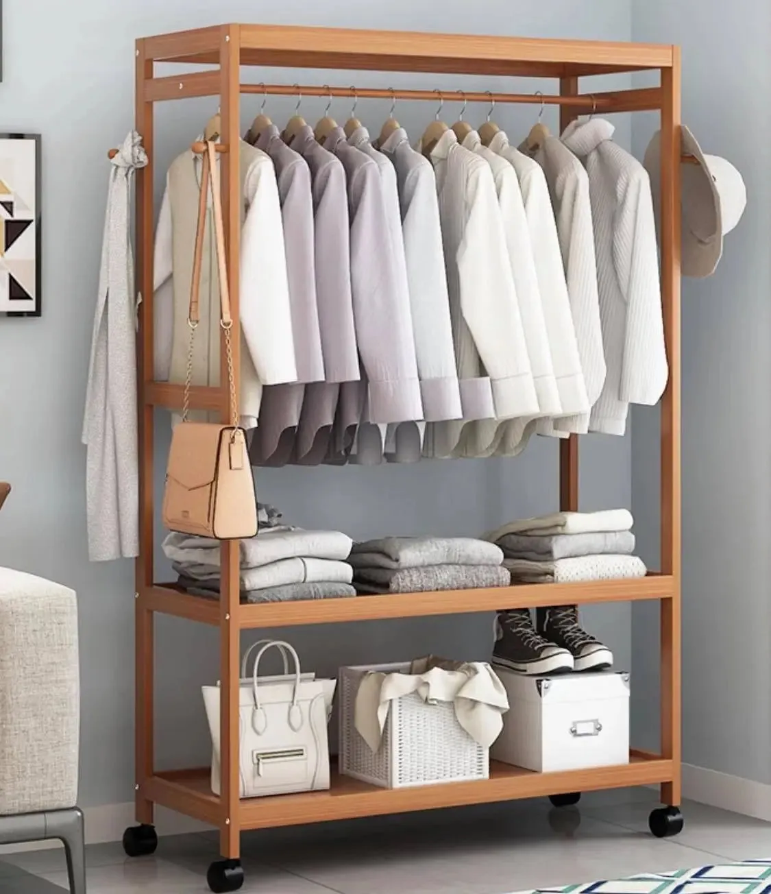 Bamboo Multi-Tier Racks Shelves panel storage Clothes Organiser With Wheels