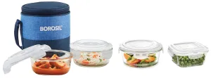 Borosil Prime Glass Lunch Box Set of 2, 400 ml Klip N Store Glass Storage Container & Oven Safe, Square, 320 ml&Borosil Klip N Store Glass Storage Container with Air-Tight Lid, 400 ml, Clear