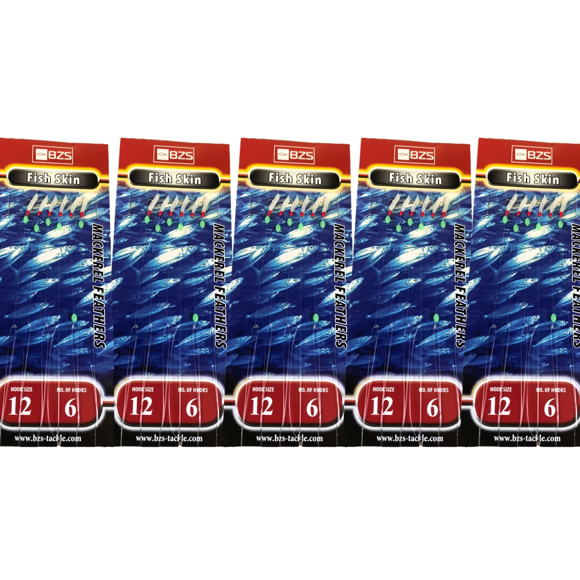 Fish Skin Sabiki Launce Mackerel Tinsel Feathers - 5 Packets, 6 Hooks Each, Size 12