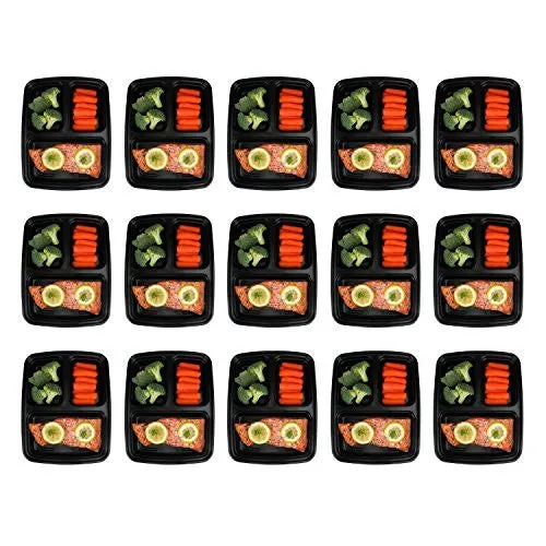 FRESHWARE 15-PACK 3 COMPARTMENT BENTO LUNCH BOXES WITH LIDS - STACKABLE, REUSABLE, MICROWAVE, DISHWASHER & FREEZER SAFE - MEAL PREP, PORTION CONTROL, 21 DAY FIX & FOOD STORAGE CONTAINERS (32OZ)