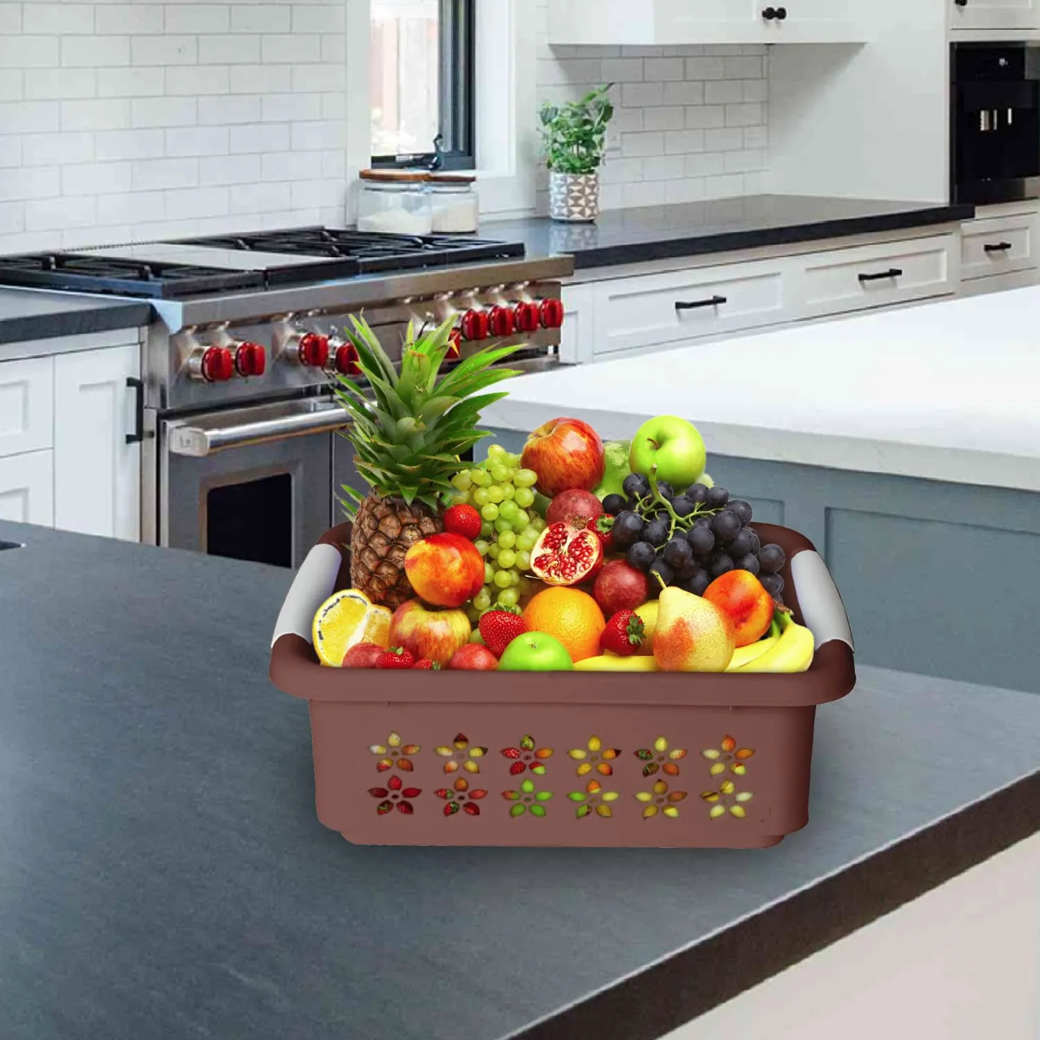 Heart Home Multipurpose Rectangle Shape Plastic Storage Basket for Kitchen, Fruit Basket, Office Table, Storage Organizer Large Pack of 3 (Brown)