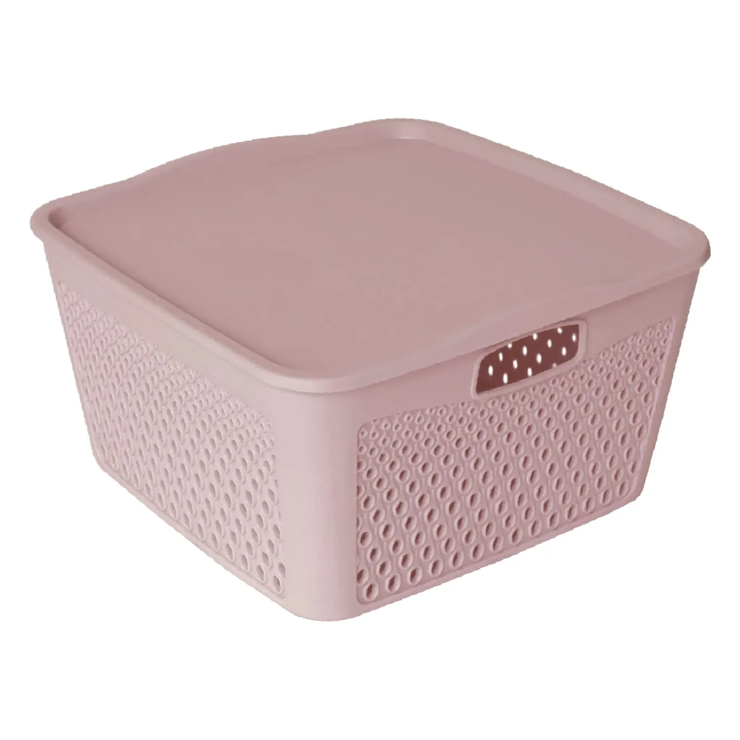 Heart Home Netted Design Unbreakable Multipurpose Square Shape Plastic Storage Baskets with lid Small Pack of 2 (Grey)