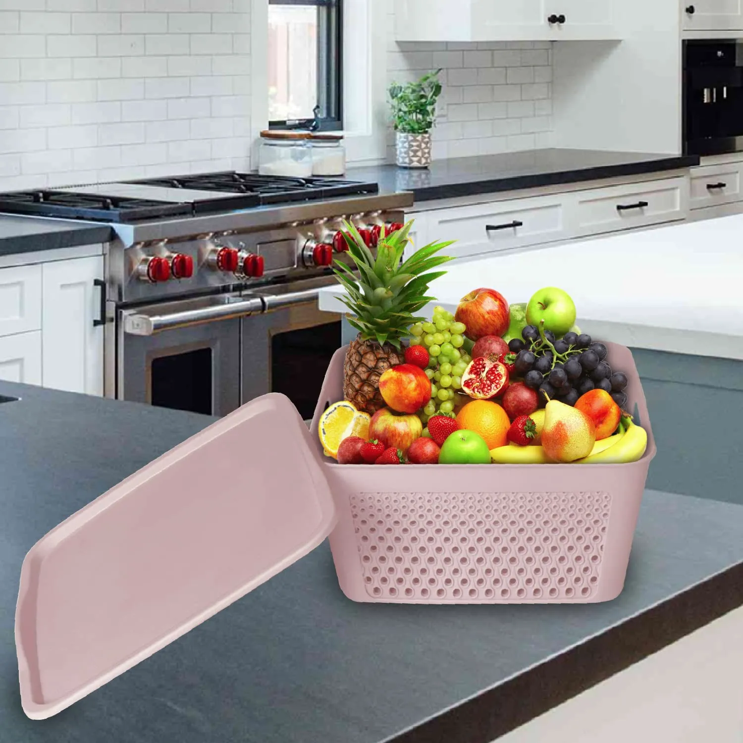 Heart Home Netted Design Unbreakable Multipurpose Square Shape Plastic Storage Baskets with lid Small Pack of 2 (Grey)