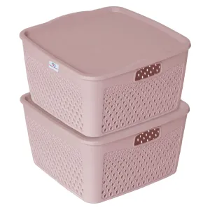Heart Home Netted Design Unbreakable Multipurpose Square Shape Plastic Storage Baskets with lid Small Pack of 2 (Grey)