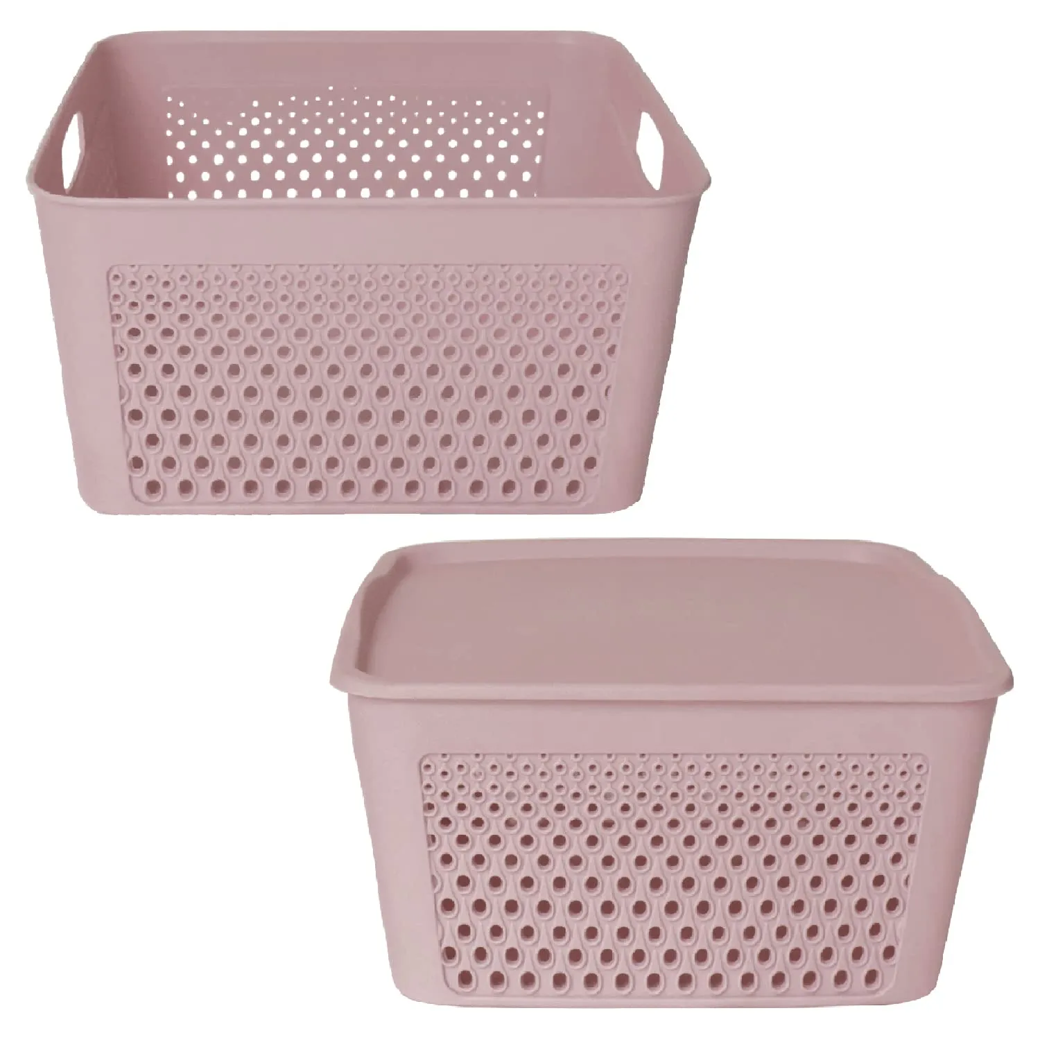 Heart Home Netted Design Unbreakable Multipurpose Square Shape Plastic Storage Baskets with lid Small Pack of 2 (Grey)