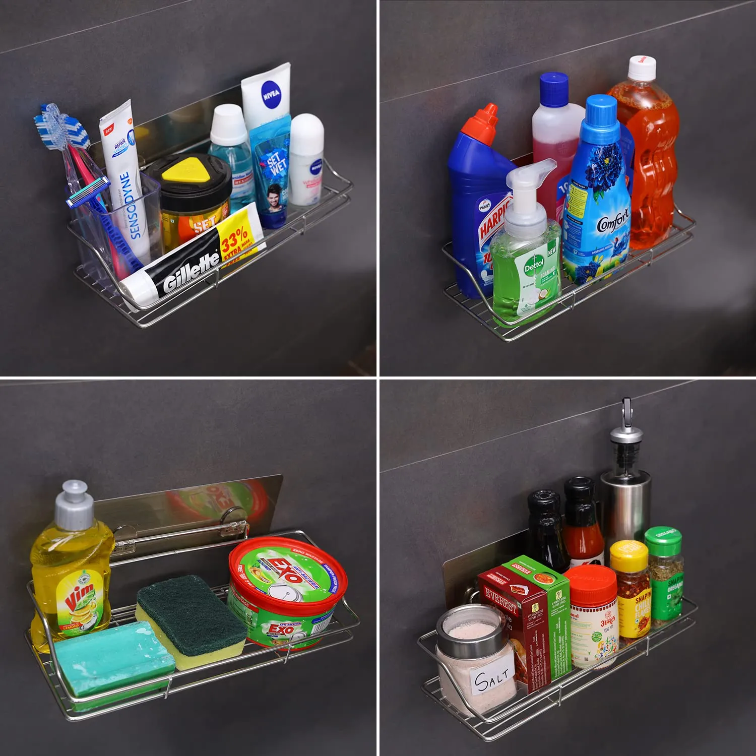 HOKIPO® Magic Sticker Series Stainless Steel Self Adhesive Wall Mounted Bathroom Shelf