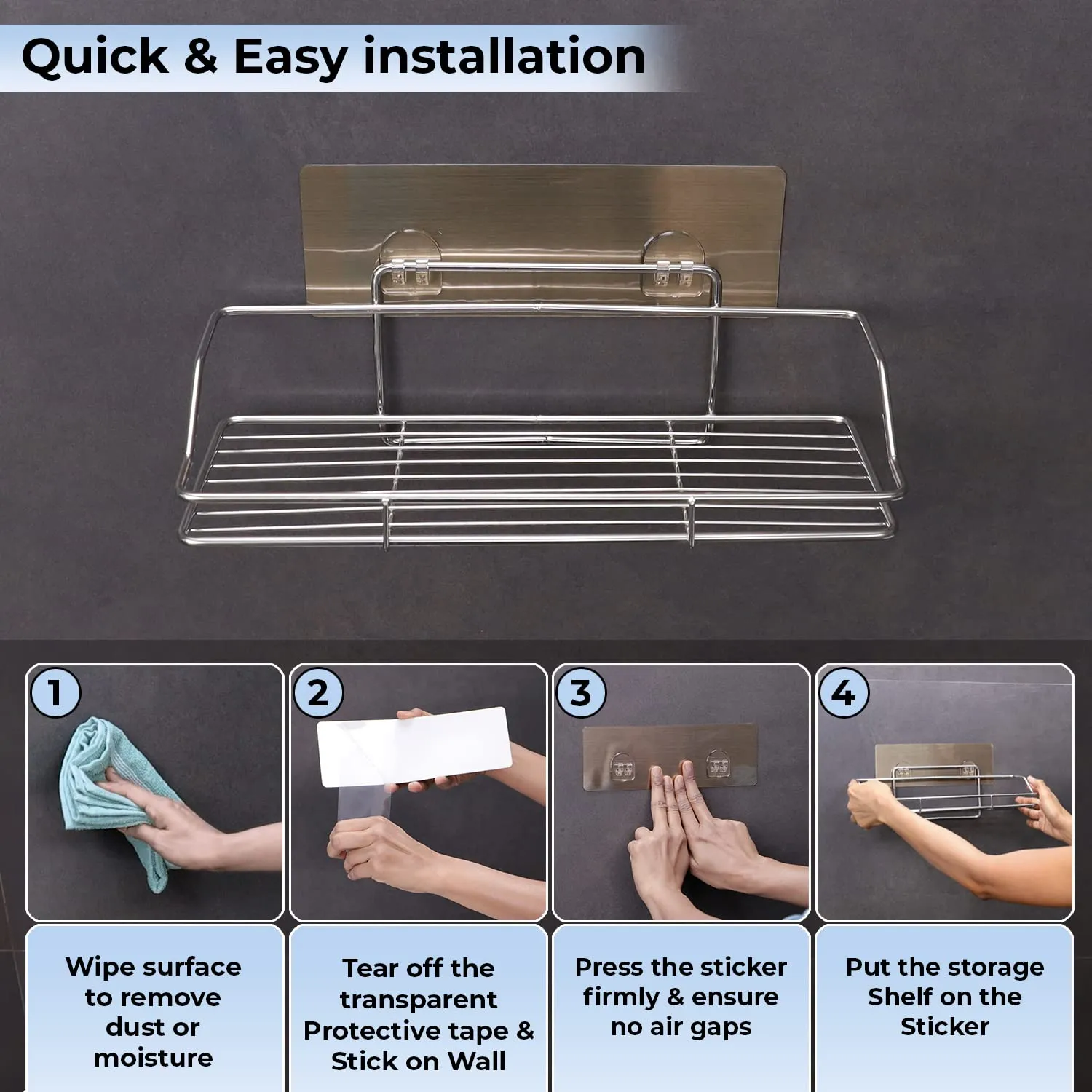 HOKIPO® Magic Sticker Series Stainless Steel Self Adhesive Wall Mounted Bathroom Shelf