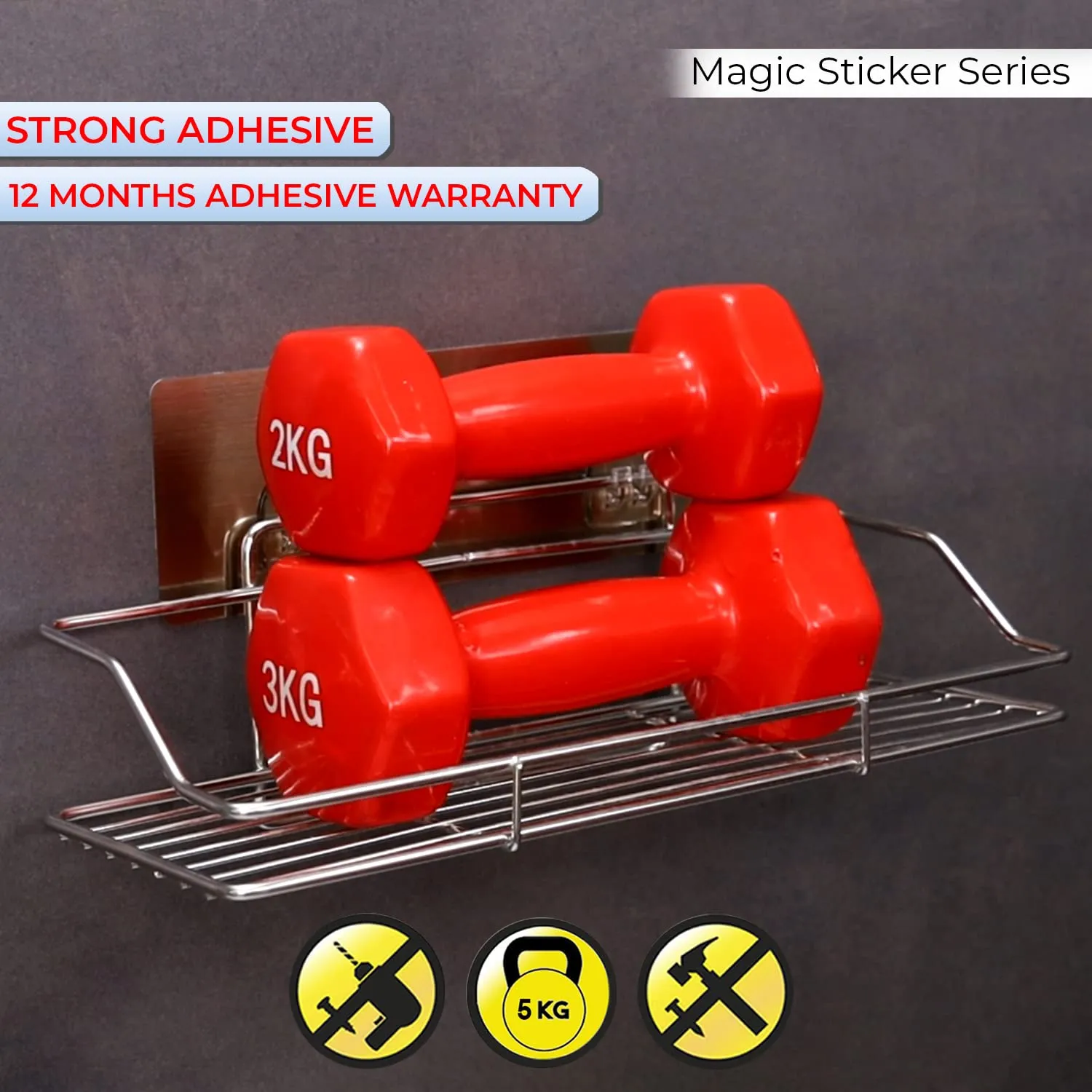 HOKIPO® Magic Sticker Series Stainless Steel Self Adhesive Wall Mounted Bathroom Shelf