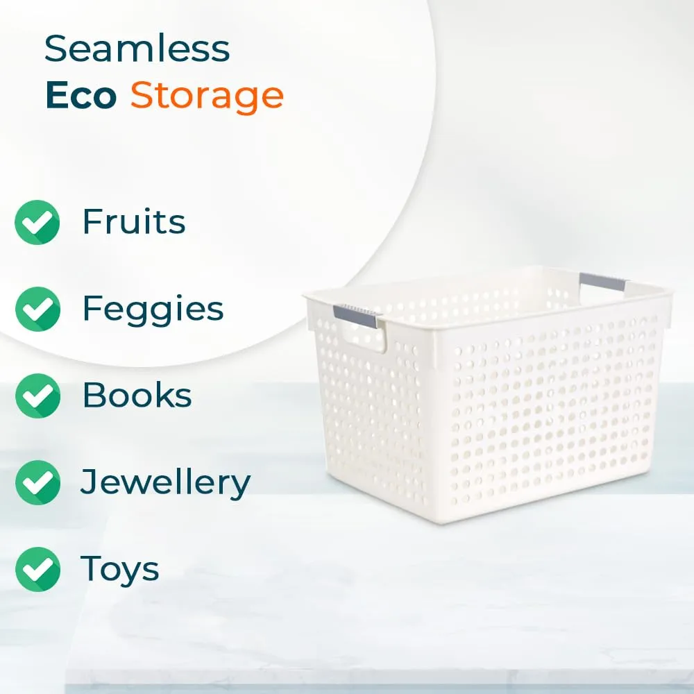 Homestic Large Hollow Storage Basket With Handle|Kitchen & Home Organizer For Wardrobe|Tray For Toys, Fruits, Books (White)