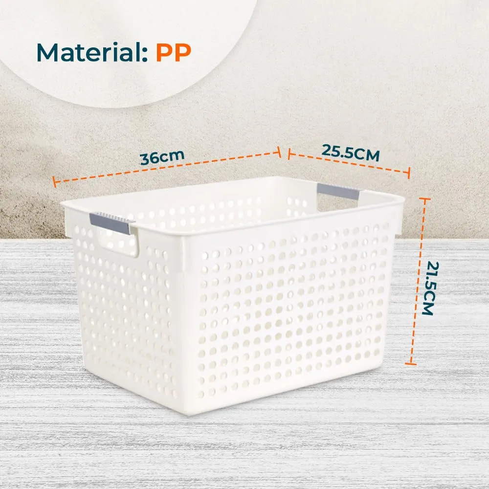 Homestic Large Hollow Storage Basket With Handle|Kitchen & Home Organizer For Wardrobe|Tray For Toys, Fruits, Books (White)