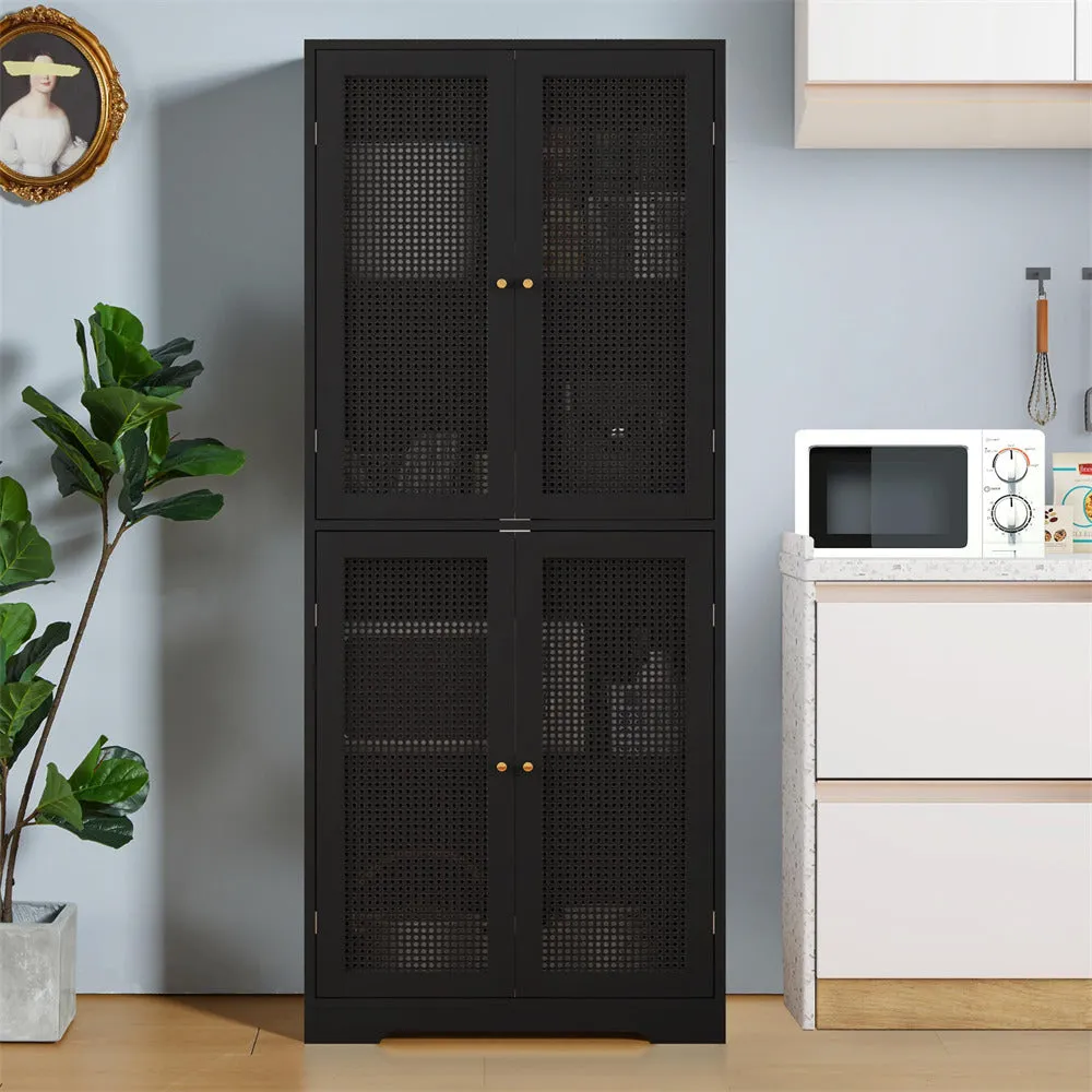 Iron Rattan Tall Accent Kitchen Pantry Cabinet with 4 Doors