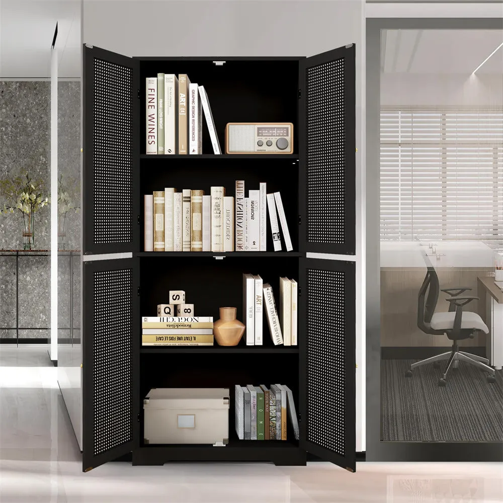 Iron Rattan Tall Accent Kitchen Pantry Cabinet with 4 Doors
