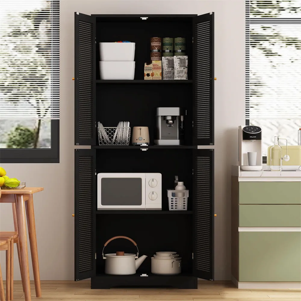 Iron Rattan Tall Accent Kitchen Pantry Cabinet with 4 Doors
