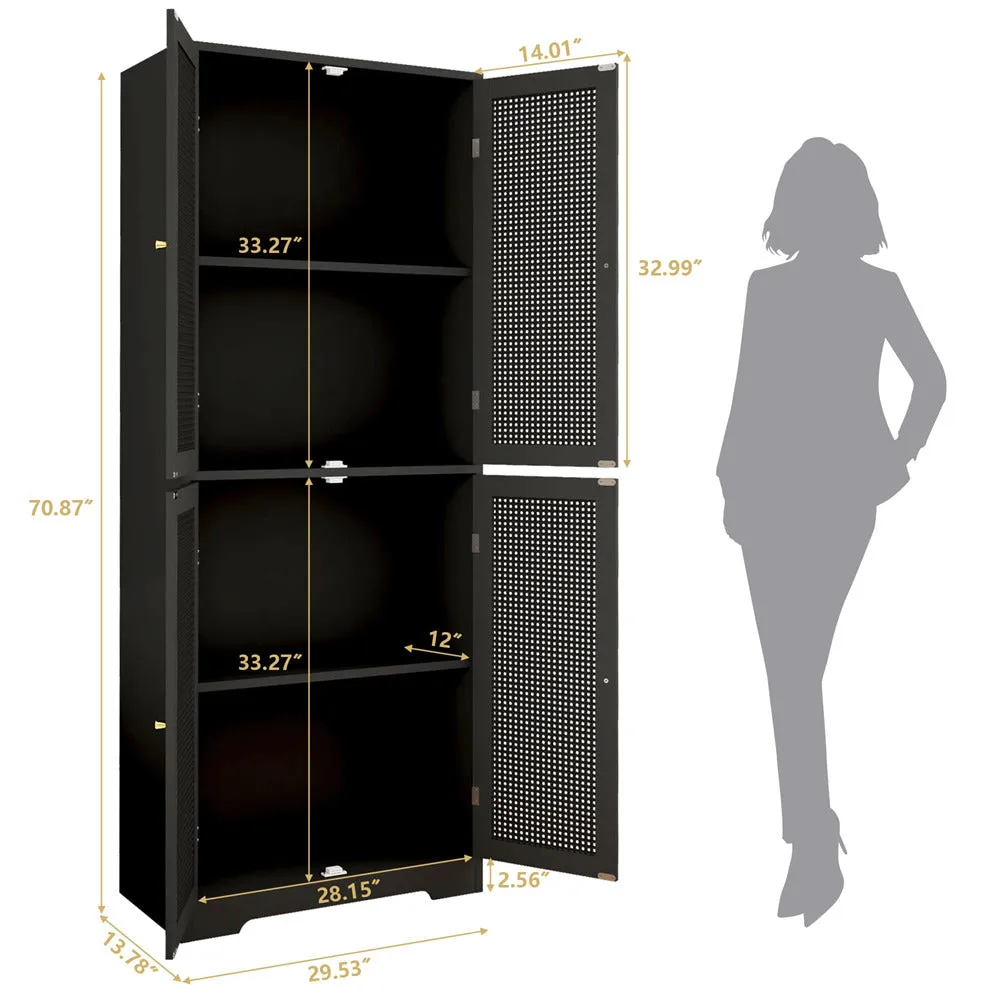 Iron Rattan Tall Accent Kitchen Pantry Cabinet with 4 Doors