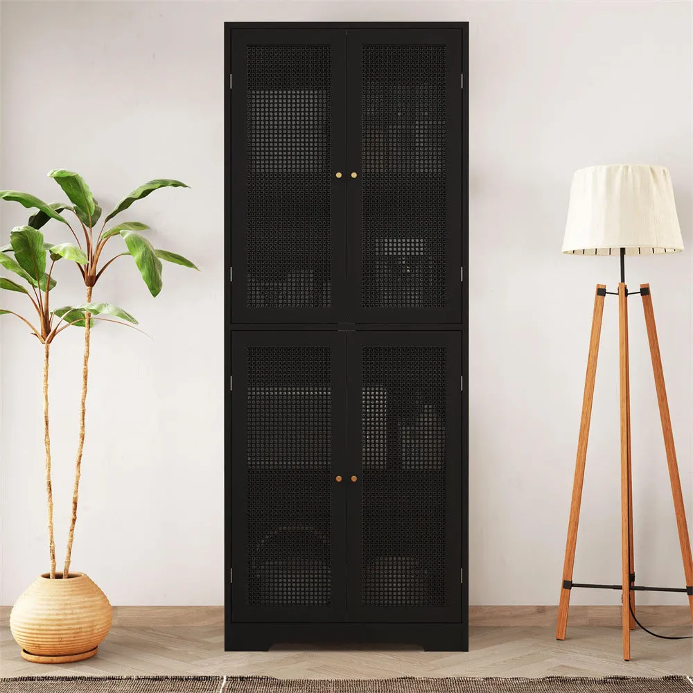 Iron Rattan Tall Accent Kitchen Pantry Cabinet with 4 Doors
