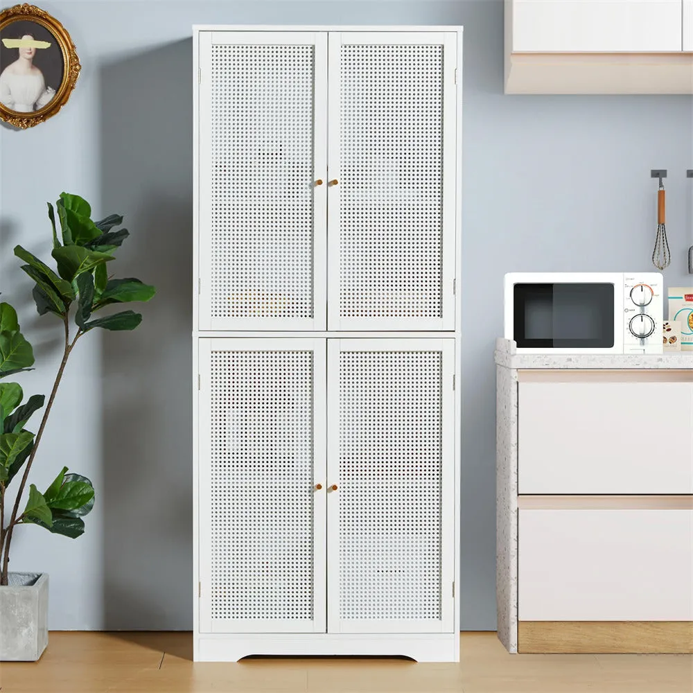 Iron Rattan Tall Accent Kitchen Pantry Cabinet with 4 Doors