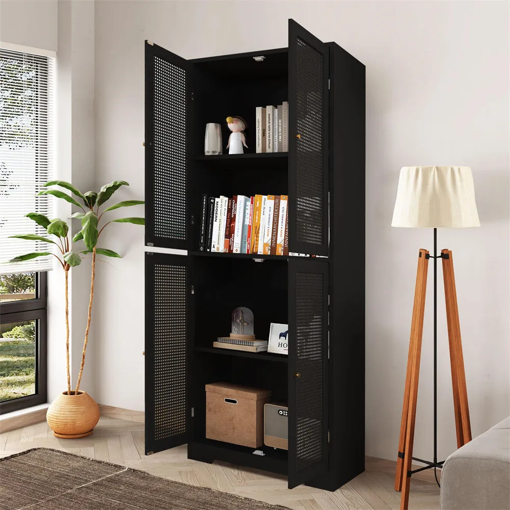 Iron Rattan Tall Accent Kitchen Pantry Cabinet with 4 Doors