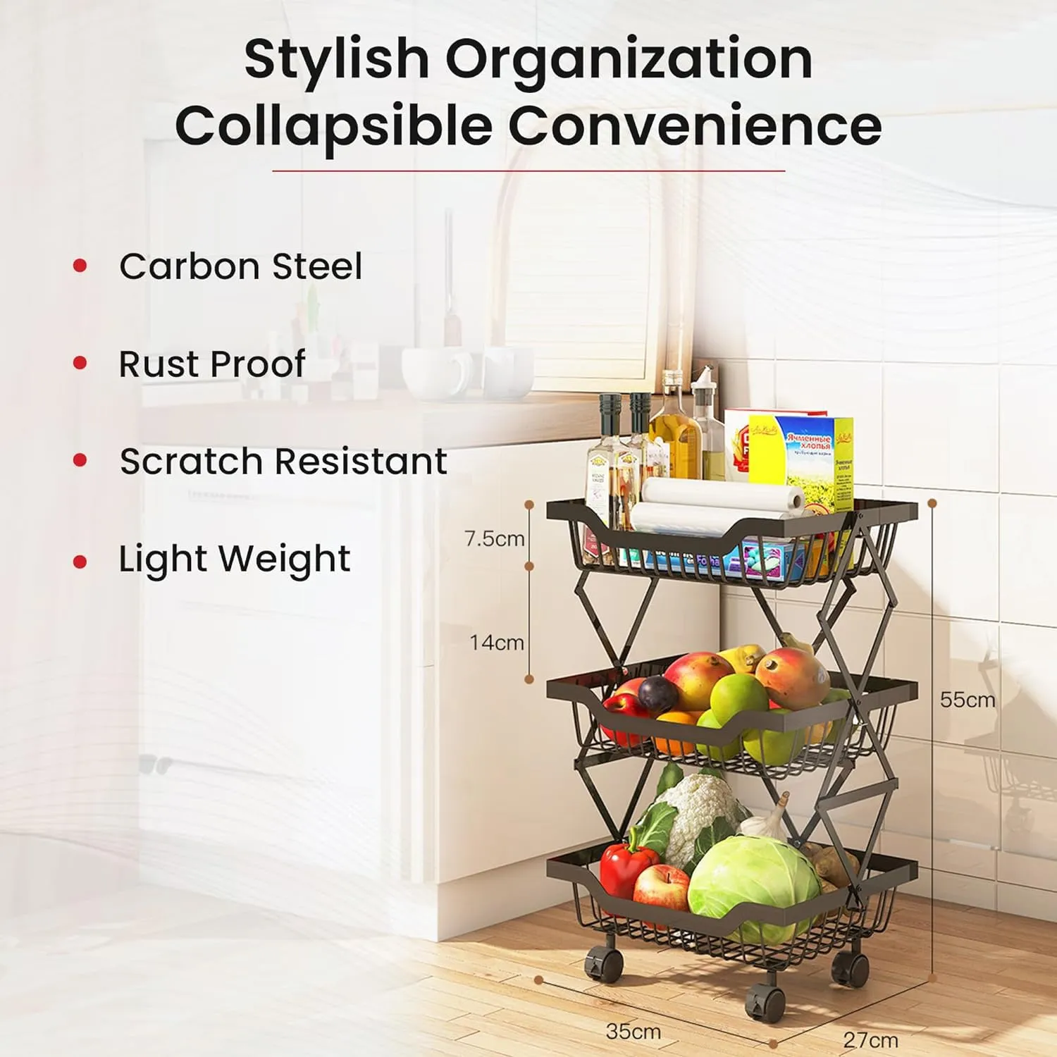 Kuber Industries 3-Layer Collapsible Kitchen Rack|Multipurpose Storage Basket|360-Degree Rotable Kitchen Trolley|Fruit Basket Pack of 4 (Black)