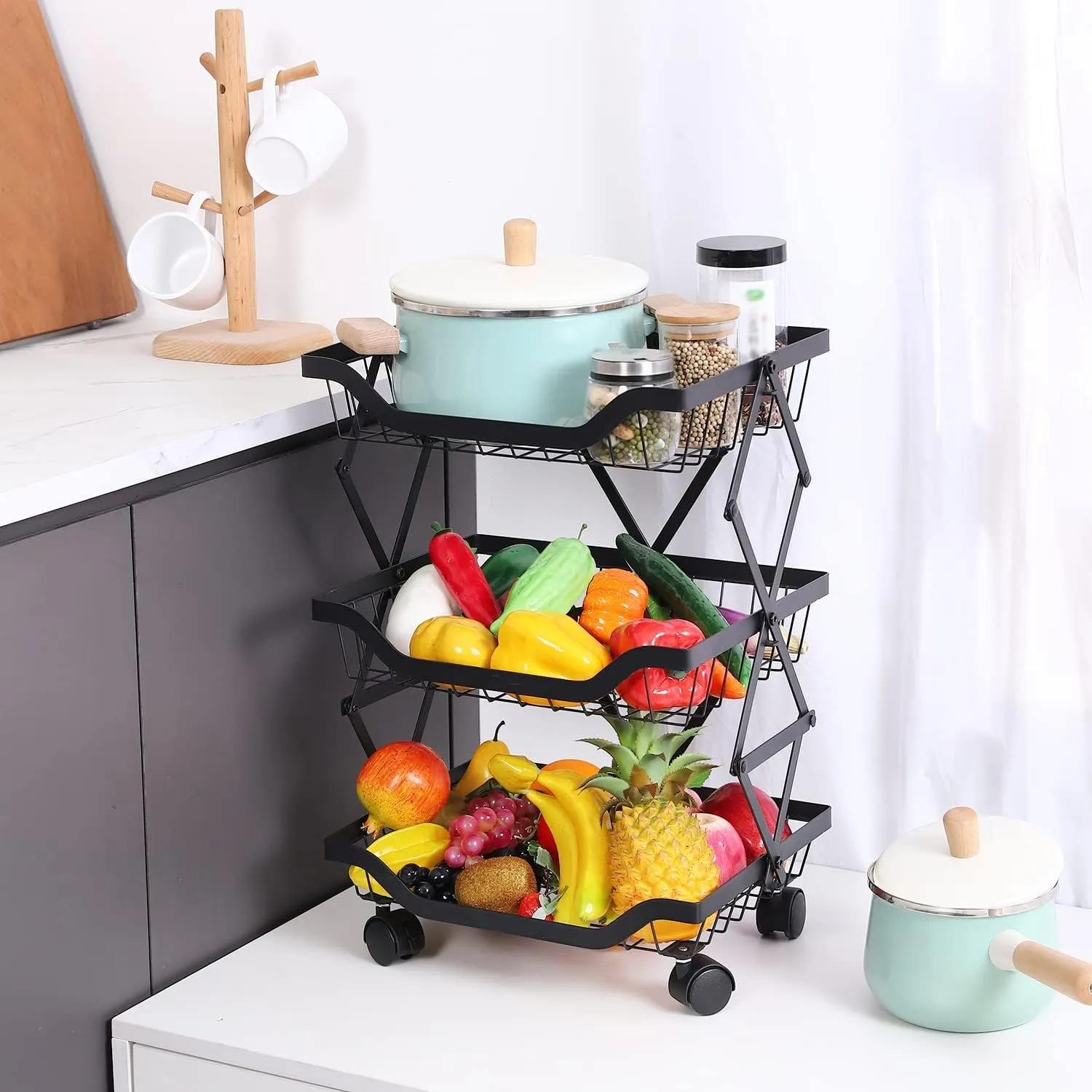 Kuber Industries 3-Layer Collapsible Kitchen Rack|Multipurpose Storage Basket|360-Degree Rotable Kitchen Trolley|Fruit Basket Pack of 4 (Black)