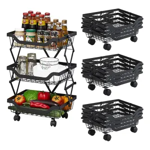 Kuber Industries 3-Layer Collapsible Kitchen Rack|Multipurpose Storage Basket|360-Degree Rotable Kitchen Trolley|Fruit Basket Pack of 4 (Black)