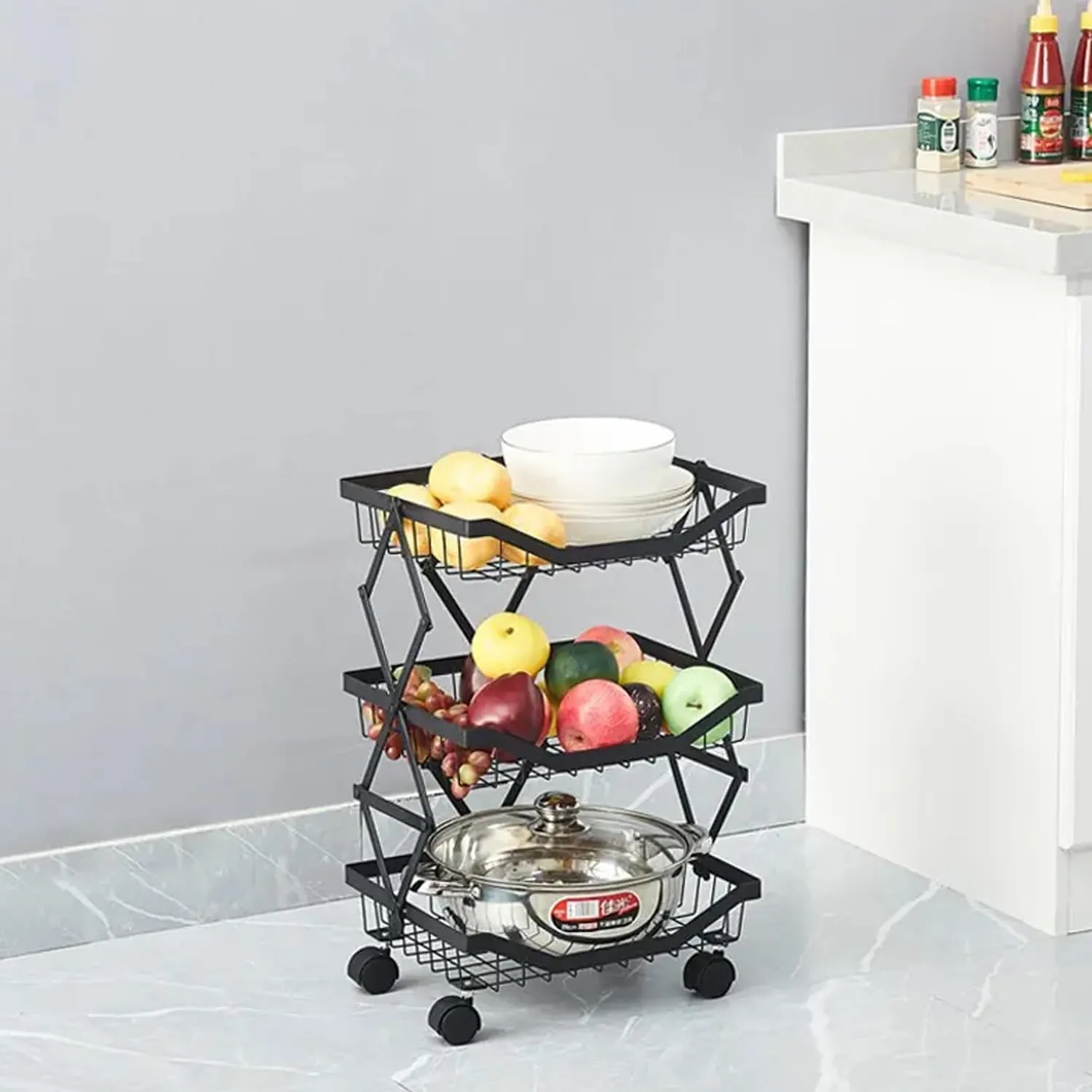 Kuber Industries 3-Layer Collapsible Kitchen Rack|Multipurpose Storage Basket|360-Degree Rotable Kitchen Trolley|Fruit Basket Pack of 4 (Black)