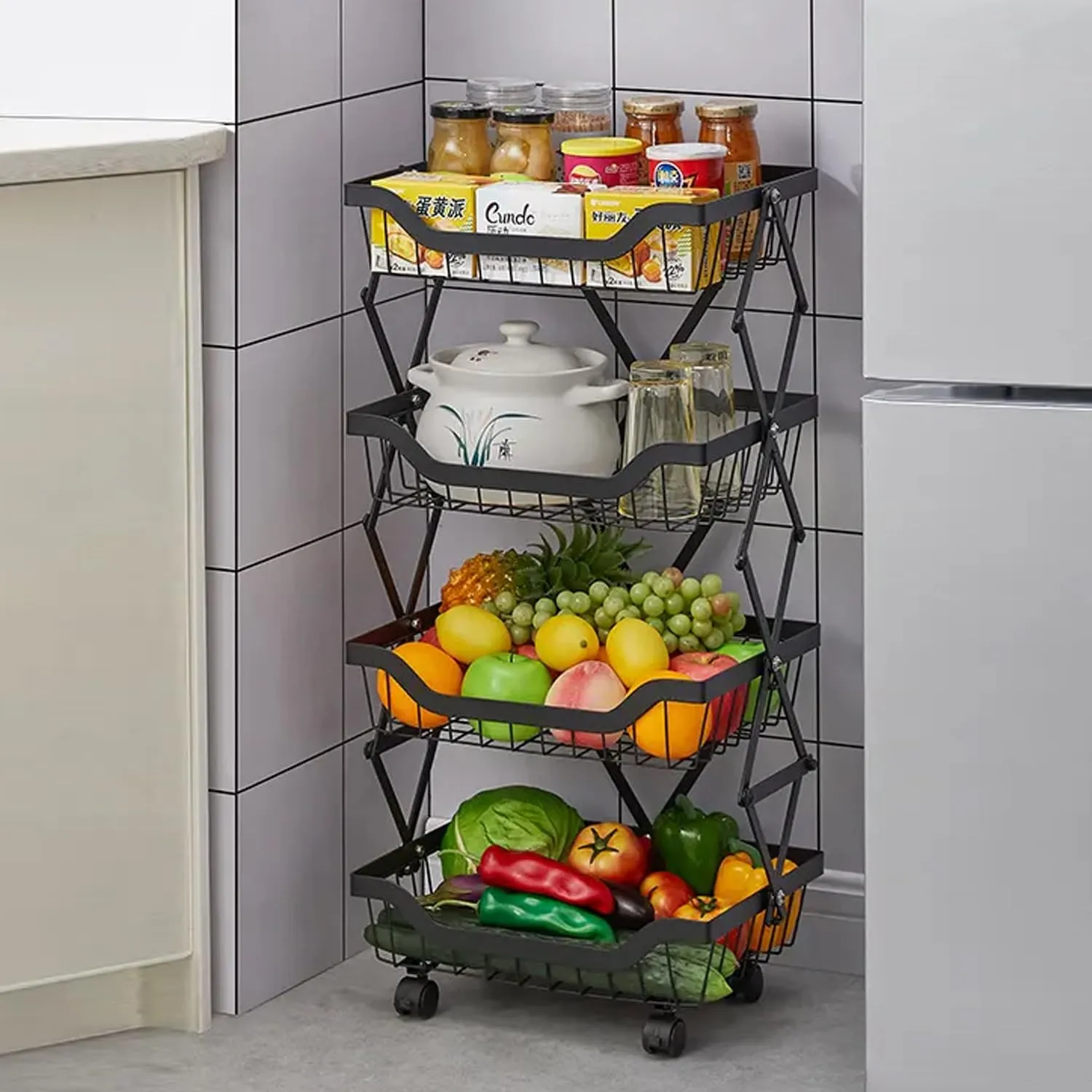 Kuber Industries 4-Layer Collapsible Kitchen Rack|Multipurpose Storage Basket|360-Degree Rotable Kitchen Trolley|Fruit Basket (Black)