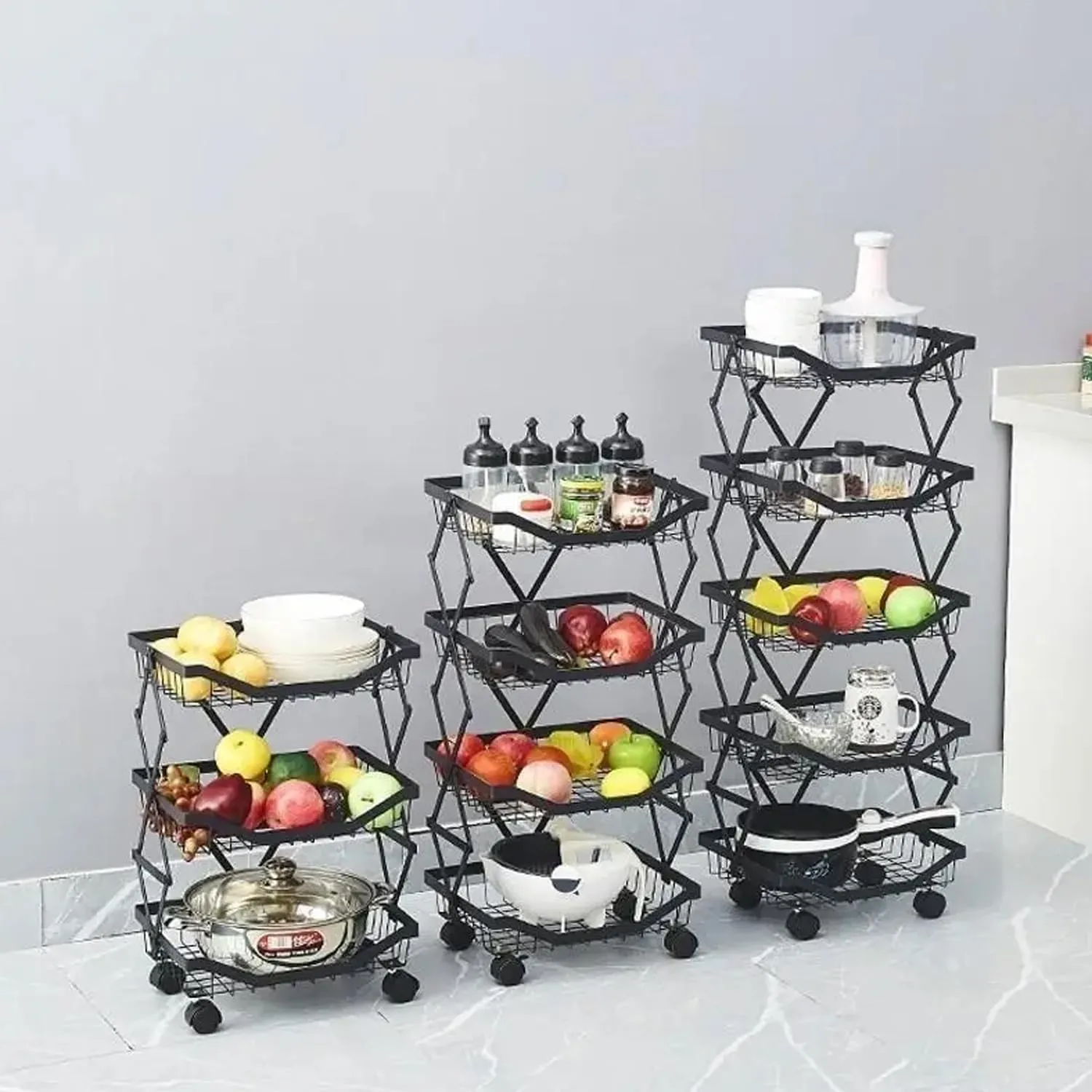 Kuber Industries 5-Layer Collapsible Kitchen Rack|Multipurpose Storage Basket|360-Degree Rotable Kitchen Trolley|Fruit Basket Pack of 4 (Black)