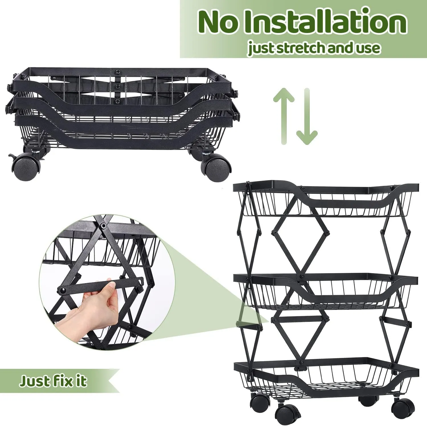 Kuber Industries 5-Layer Collapsible Kitchen Rack|Multipurpose Storage Basket|360-Degree Rotable Kitchen Trolley|Fruit Basket Pack of 4 (Black)