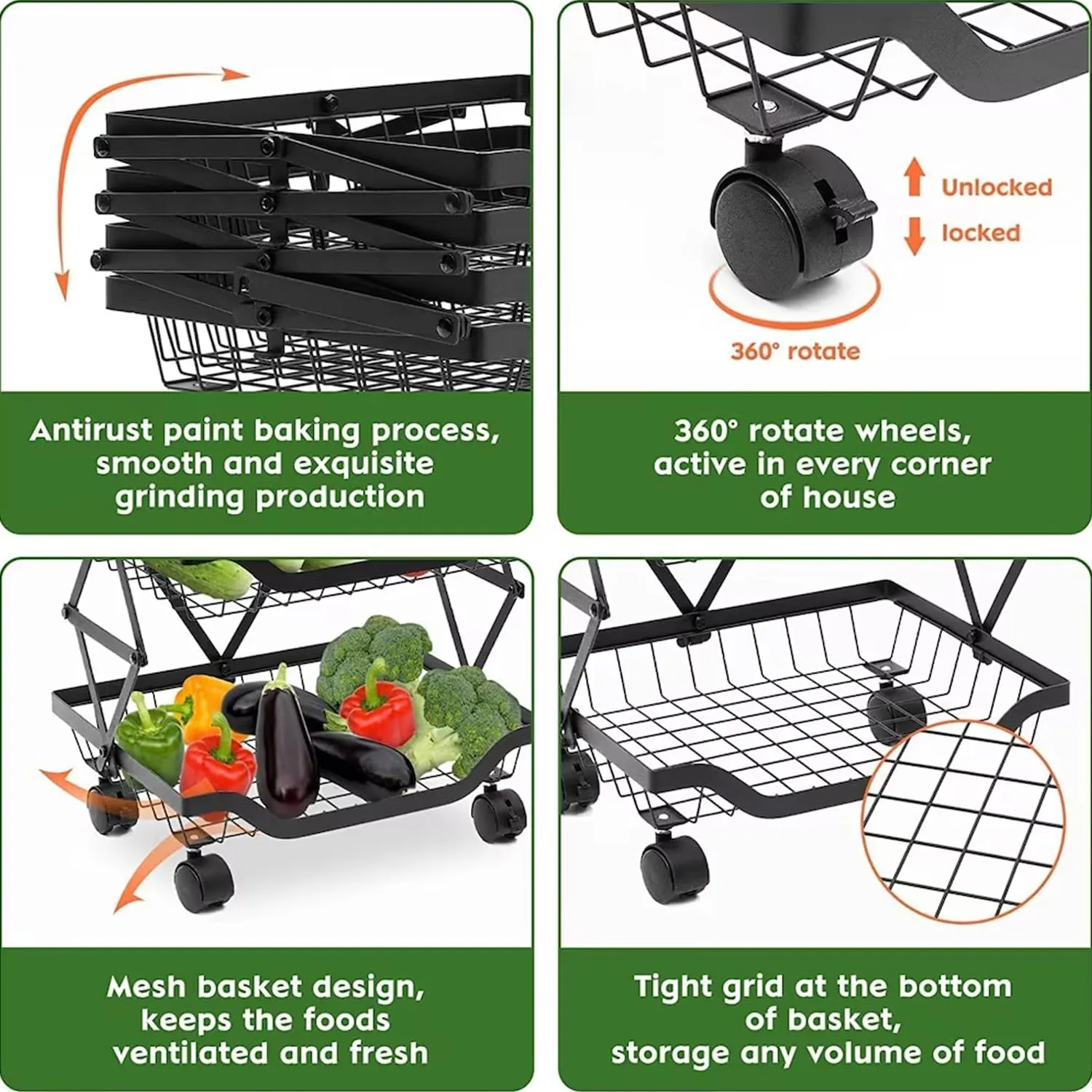 Kuber Industries 5-Layer Collapsible Kitchen Rack|Multipurpose Storage Basket|360-Degree Rotable Kitchen Trolley|Fruit Basket Pack of 4 (Black)