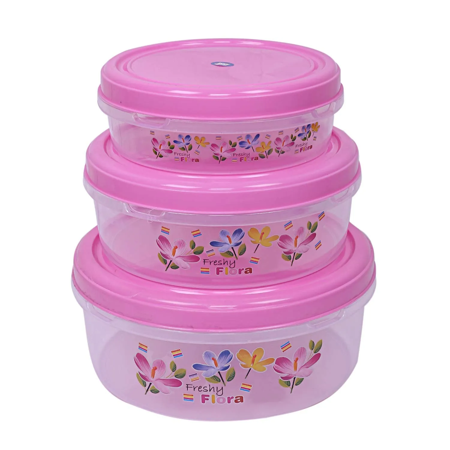 Kuber Industries Floral Design Plastic 3 Pieces Food Saver Container Set 1000, 2000 & 3000 ML (Pink)