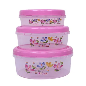 Kuber Industries Floral Design Plastic 3 Pieces Food Saver Container Set 1000, 2000 & 3000 ML (Pink)