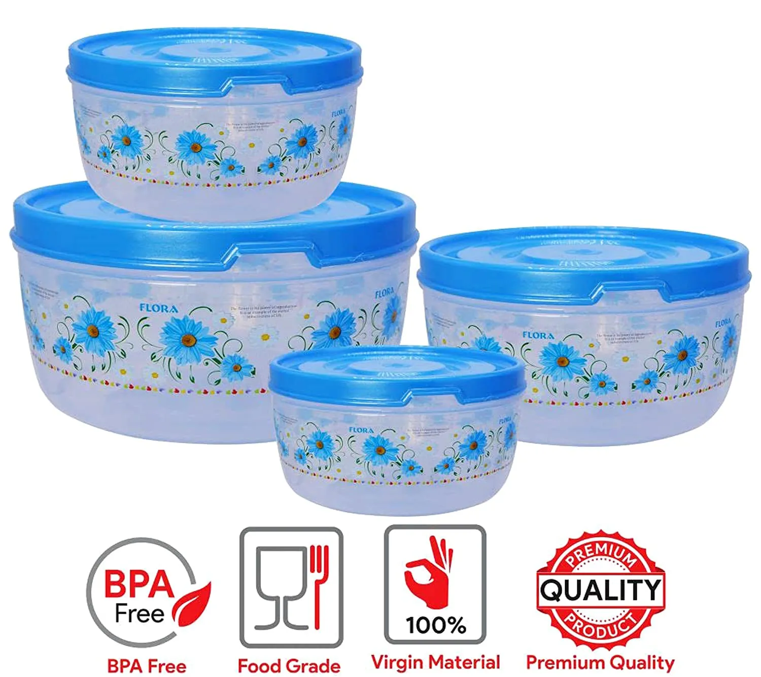 Kuber Industries Floral Transparent Plastic Food Storage Airtight Containers Kitchen Containers, Set of 4 (Blue)