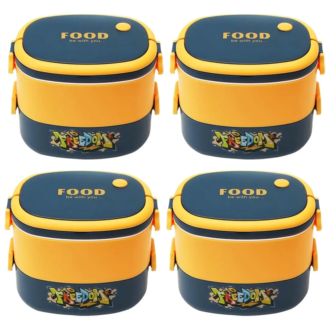 Kuber Industries Insulated Lunch Box with 2 Compartments|100% BPA Free, Food Grade ABS Plastic|Leakproof & Spill Proof|Dishwasher & Microwave Safe Lunch Box|1450 ML|HX0043341|Pack of 4|Yellow & Blue