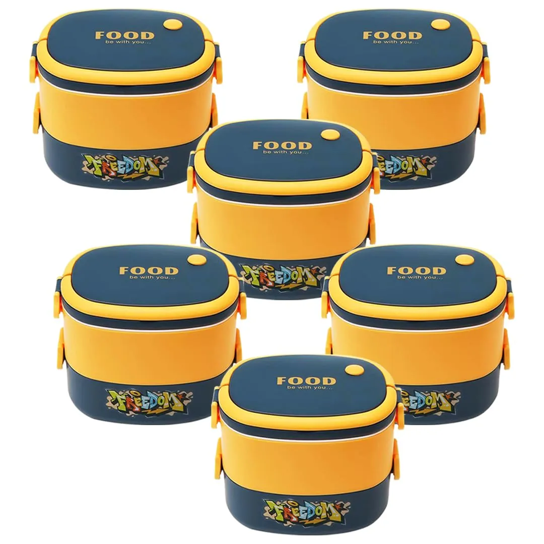 Kuber Industries Insulated Lunch Box with 2 Compartments|100% BPA Free, Food Grade ABS Plastic|Leakproof & Spill Proof|Dishwasher & Microwave Safe Lunch Box|1450 ML|HX0043341|Pack of 6|Yellow & Blue