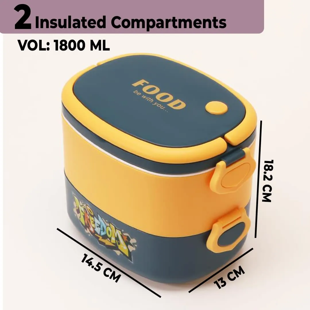 Kuber Industries Insulated Lunch Box with 2 Compartments|100% BPA Free, Food Grade ABS Plastic|Leakproof & Spill Proof|Dishwasher & Microwave Safe Lunch Box|1450 ML|HX0043343|Yellow & Blue