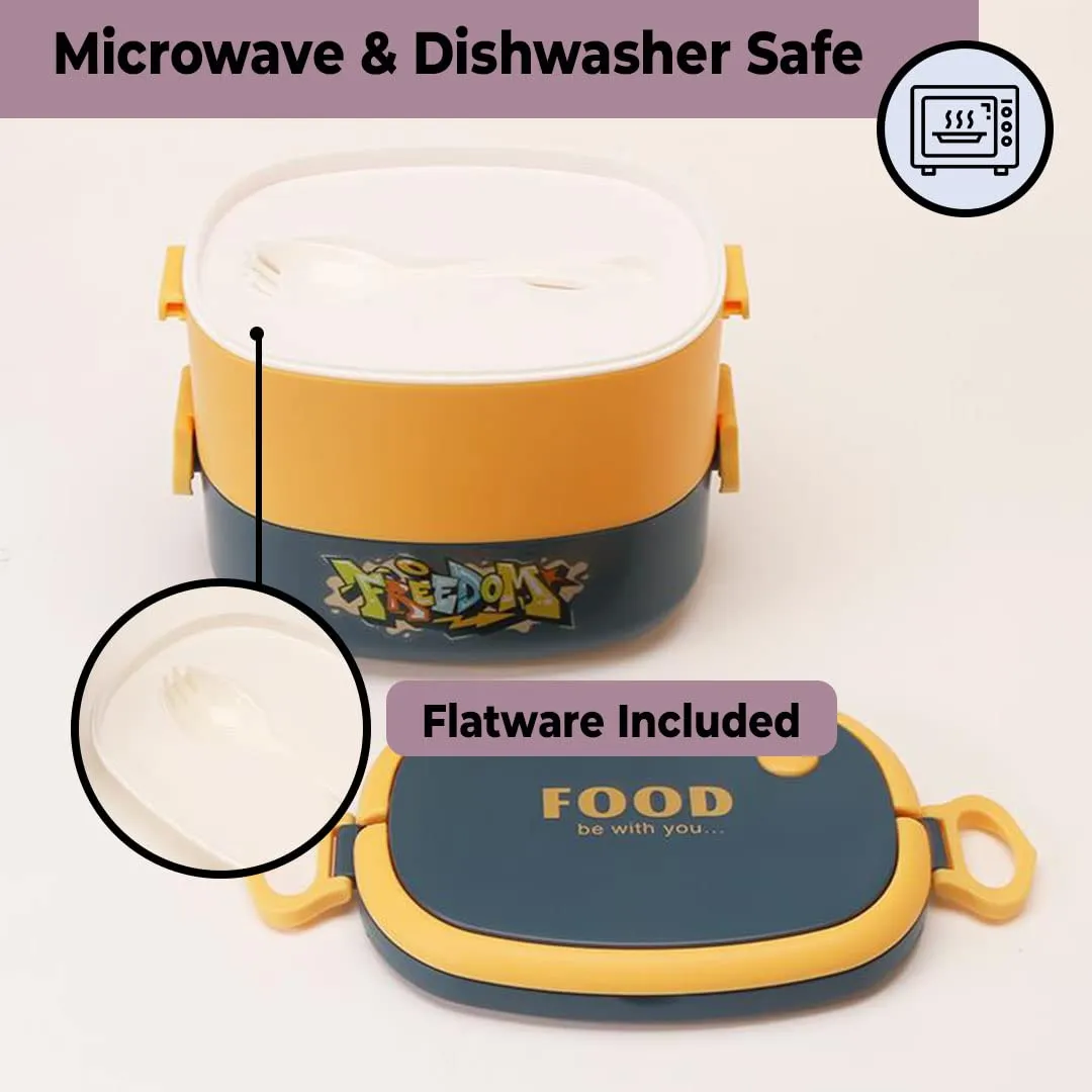 Kuber Industries Insulated Lunch Box with 2 Compartments|100% BPA Free, Food Grade ABS Plastic|Leakproof & Spill Proof|Dishwasher & Microwave Safe Lunch Box|1450 ML|HX0043343|Yellow & Blue