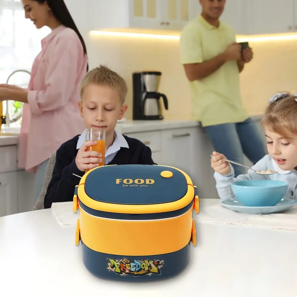 Kuber Industries Insulated Lunch Box with 2 Compartments|100% BPA Free, Food Grade ABS Plastic|Leakproof & Spill Proof|Dishwasher & Microwave Safe Lunch Box|1450 ML|HX0043343|Yellow & Blue