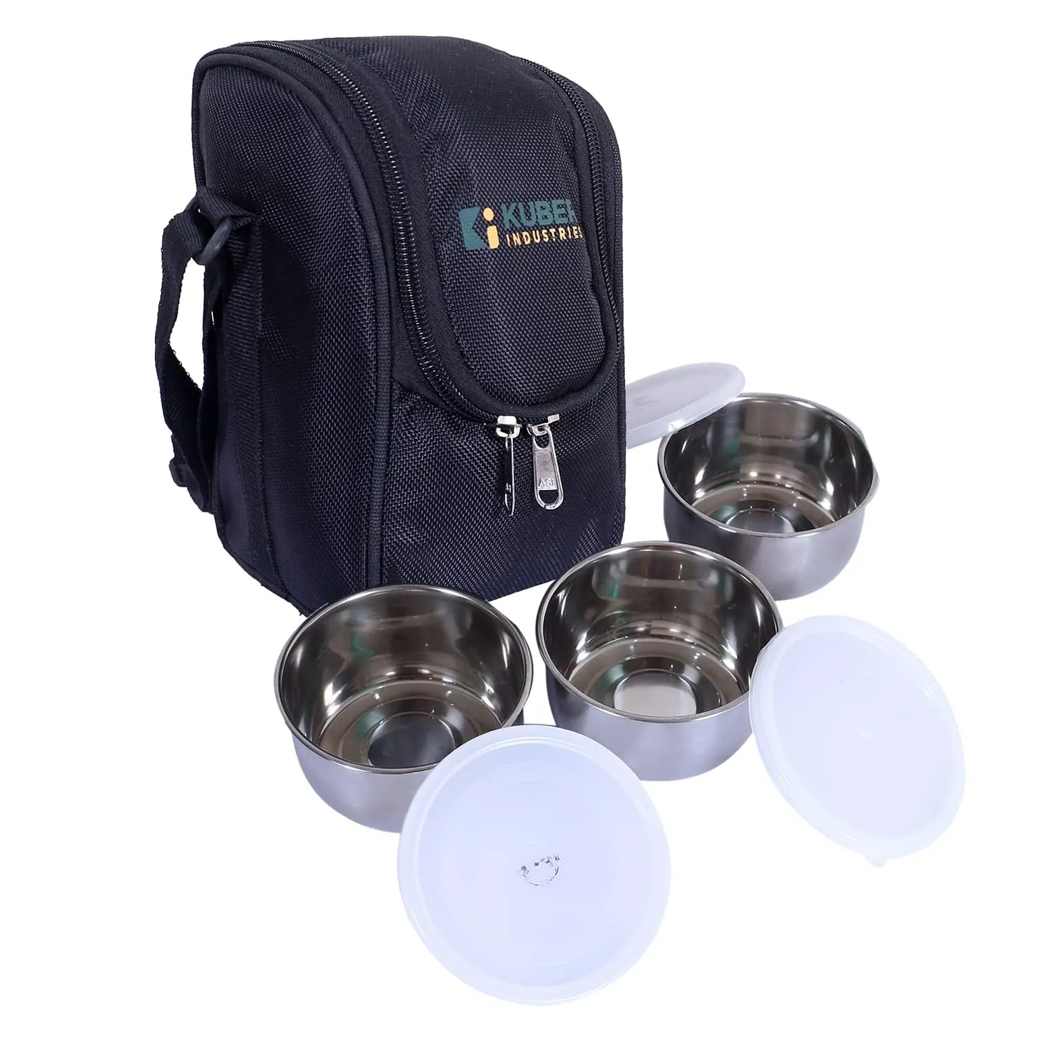 Kuber Industries Lunch Box|Canvas Leak Proof 3 Stainless Steel Insulated Containers Lunch Bag|Adjustable Straps Tiffin Box with Zipper Closure (Black) (Pack of 6)