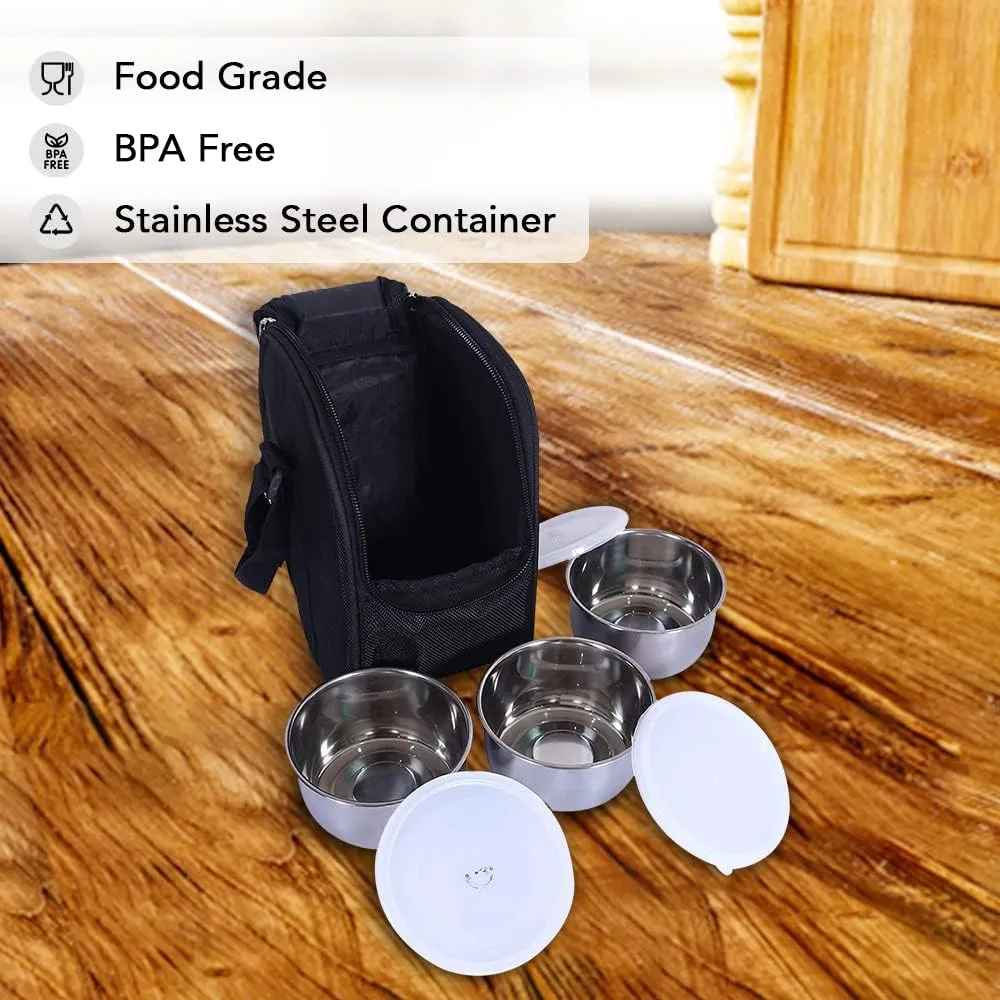 Kuber Industries Lunch Box|Canvas Leak Proof 3 Stainless Steel Insulated Containers Lunch Bag|Adjustable Straps Tiffin Box with Zipper Closure (Black) (Pack of 6)
