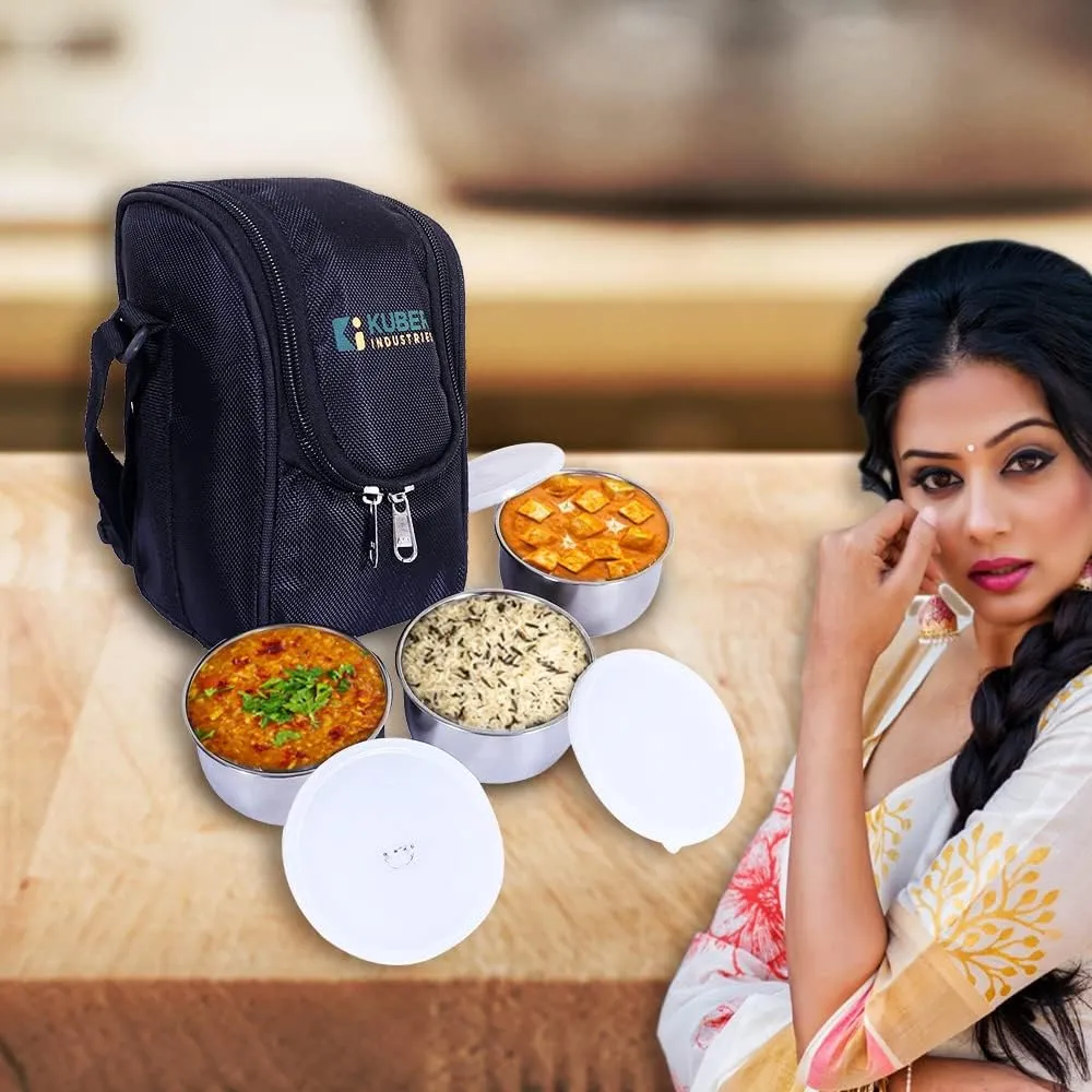 Kuber Industries Lunch Box|Canvas Leak Proof 3 Stainless Steel Insulated Containers Lunch Bag|Adjustable Straps Tiffin Box with Zipper Closure (Black) (Pack of 6)